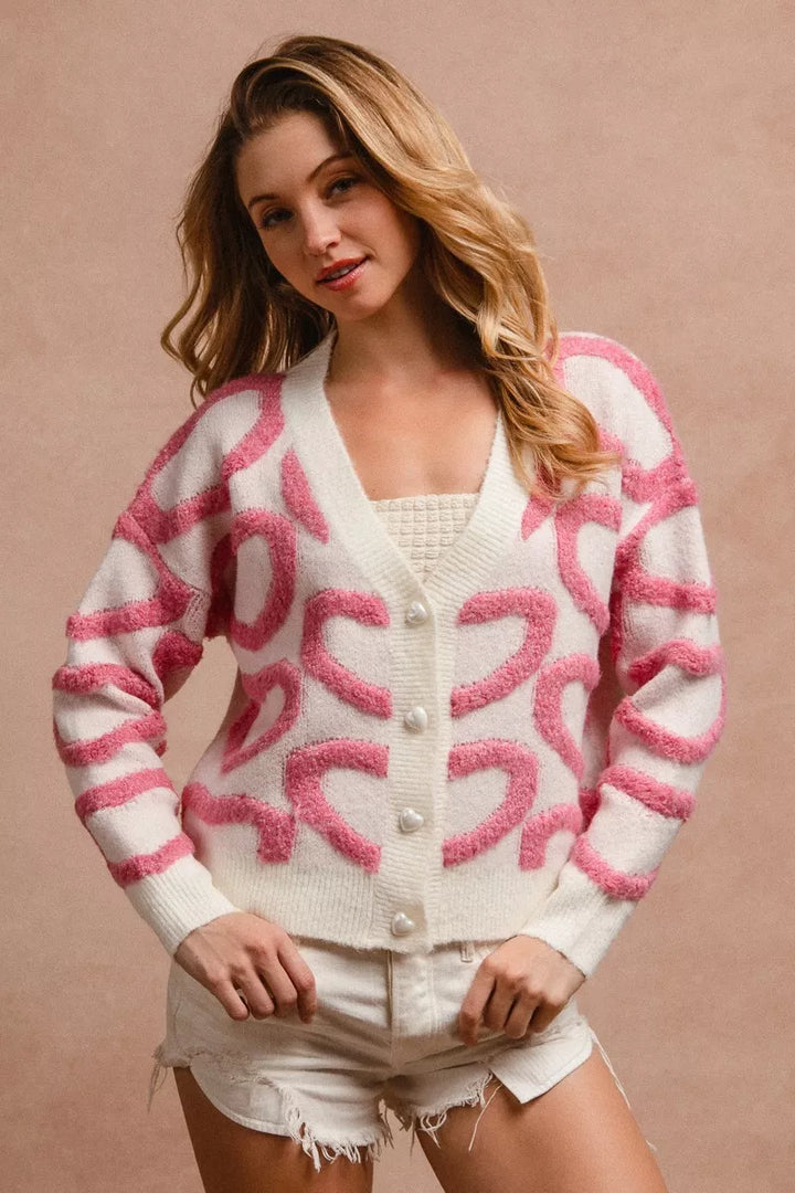 Bibi Textured Heart Buttoned V Neck Cardigan