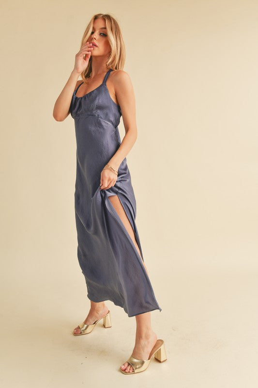Aemi Co Ruched Side Slit Cutout Back Maxi Cami Dress