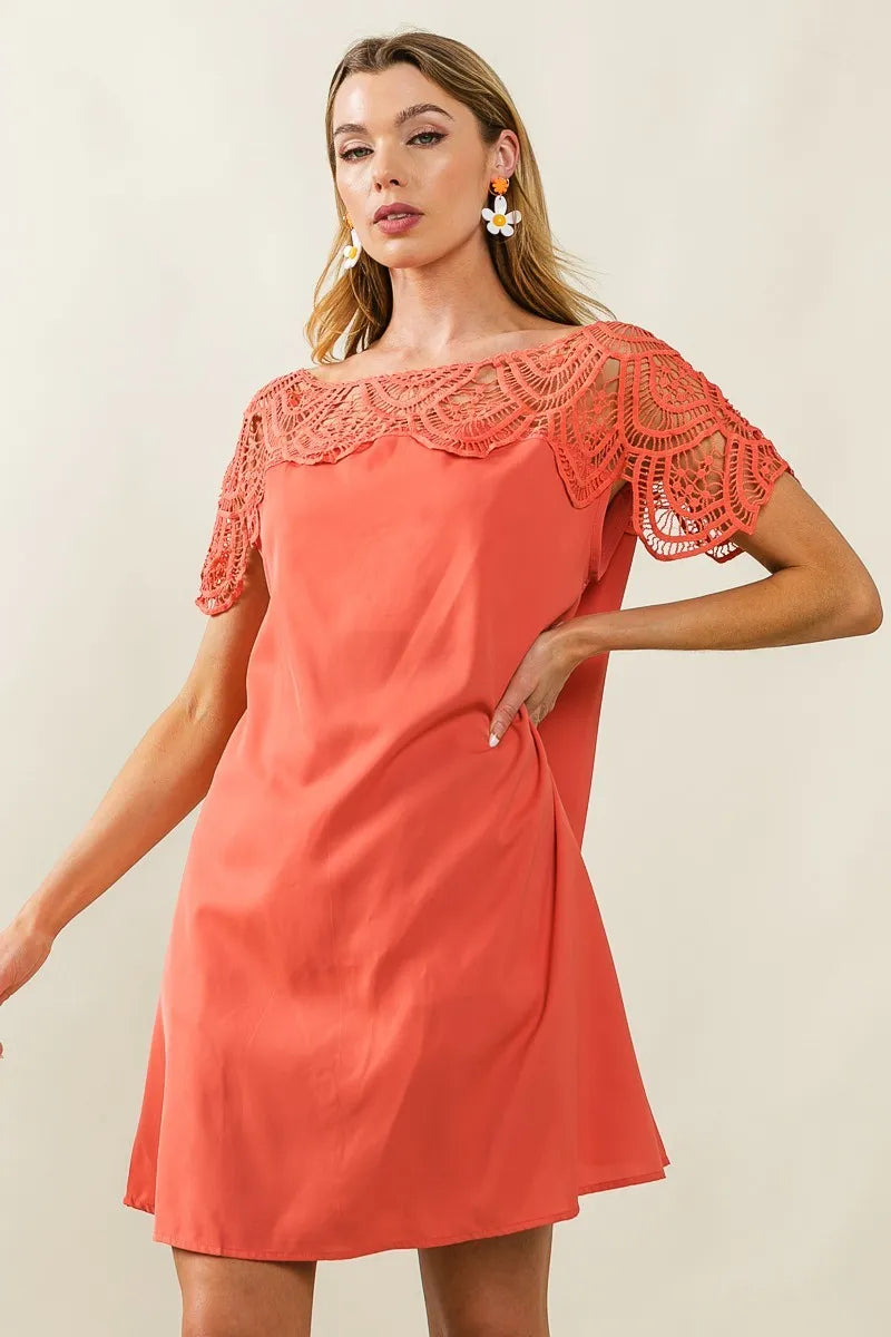 Apricot Bibi Crochet Lace Yoke Detailed Wrinkled Dress