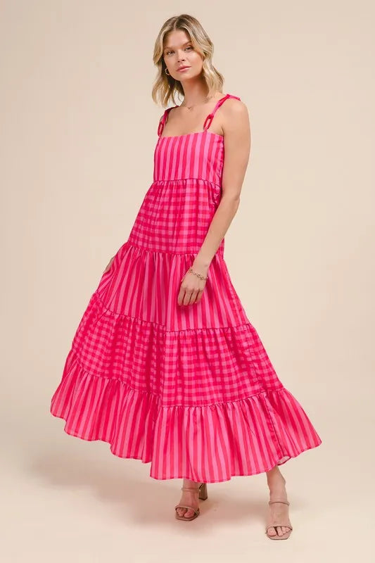 Pink/Red So Me Stripe Tiered Maxi Dress With Colorful Chain Strap