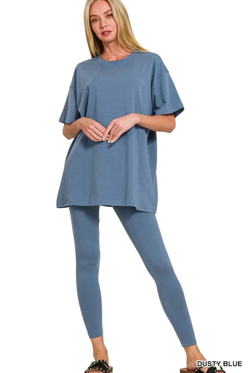Dusty Blue Zenana Cotton Round Neck Top Legging Set 2