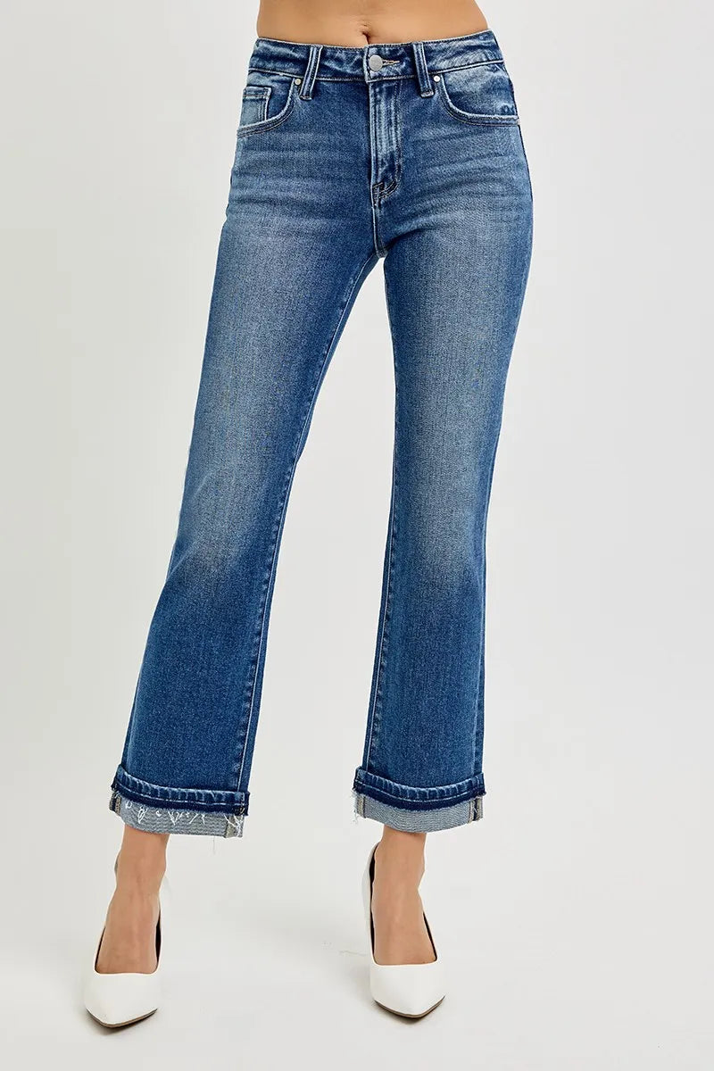 Dark Risen Mid Rise Ankle Straight Cuffed Jeans