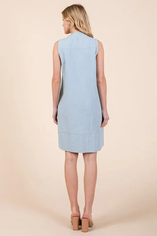 Lt Denim Lime N Chili Denim Pintuck Detail Sleeveless Midi Dress