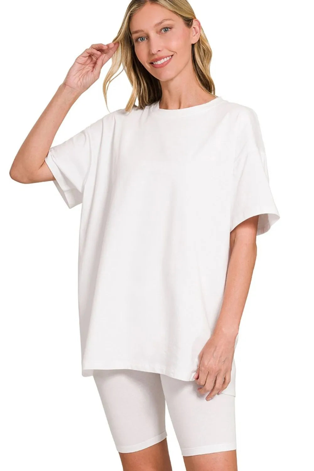 White Zenana Cotton Round Neck Top Biker Shorts