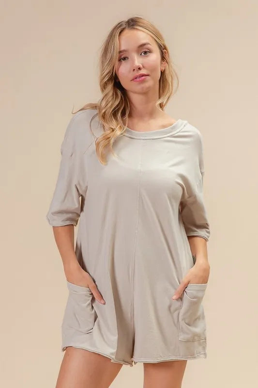 Oatmeal Bibi Short Sleeve Back Open Washed Romper