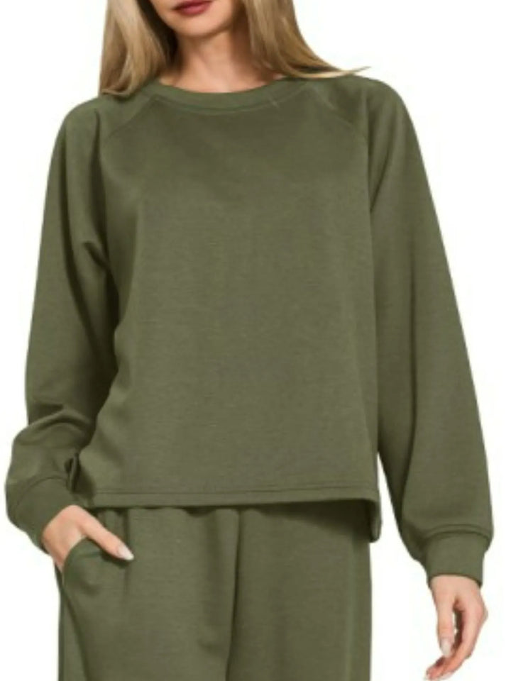 Dk Olive Zenana Scuba Crewneck Sweatshirt And Pants Set