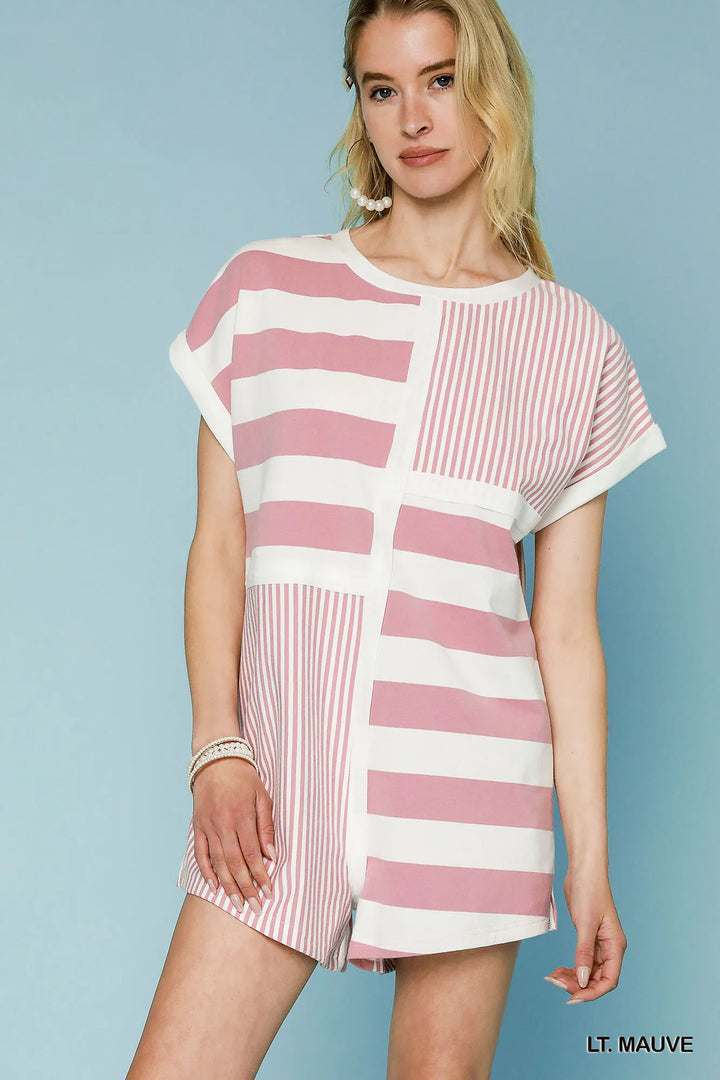 Lt. Mauve Umgee Mixed Striped Short Sleeve Romper 2