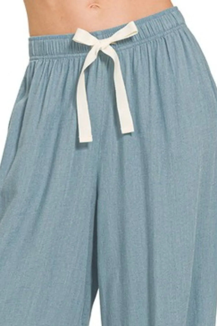Blue Grey Zenana Linen Drawstring Pants
