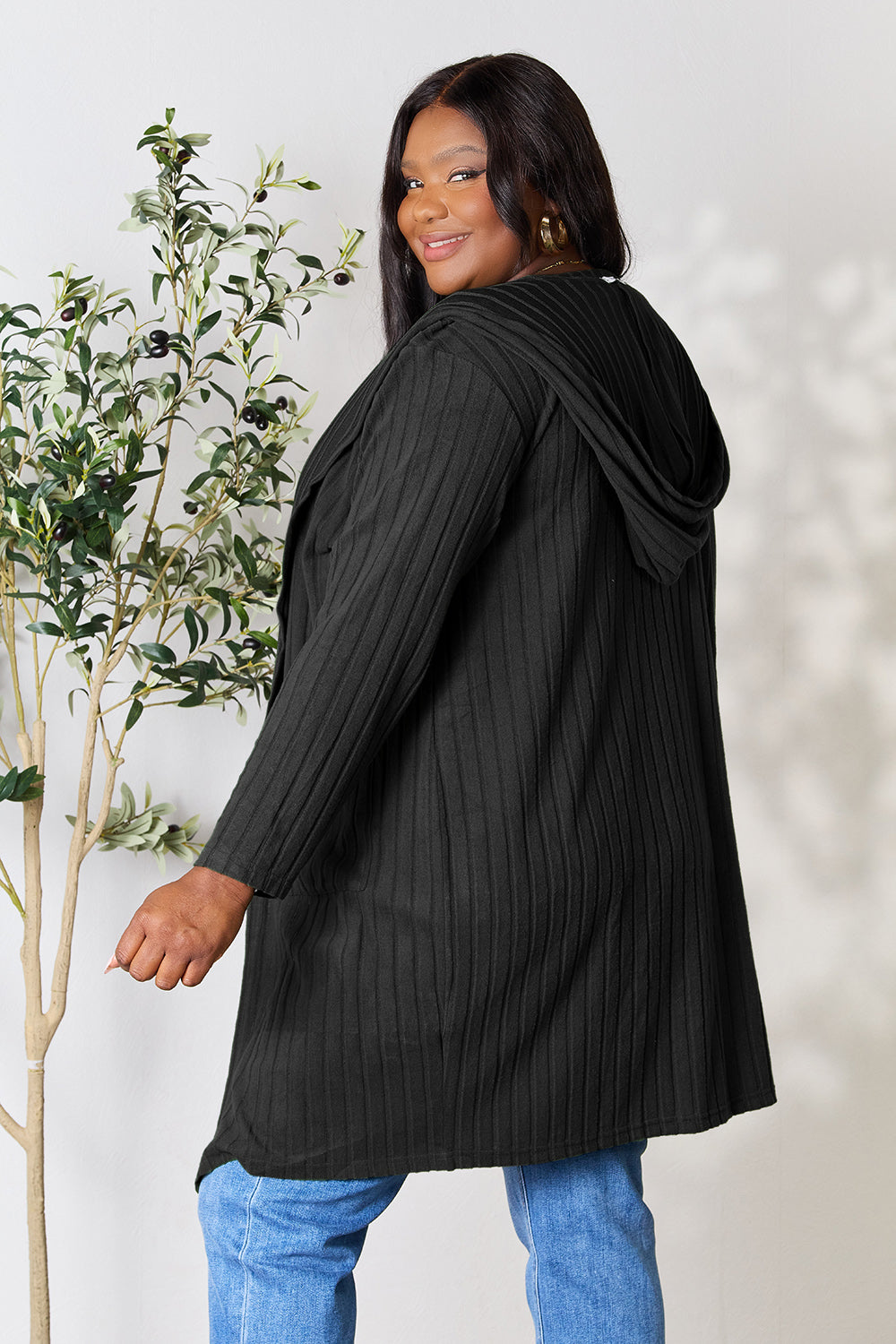 Black Basic Bae Full Size Hooded Sweater Cardigan