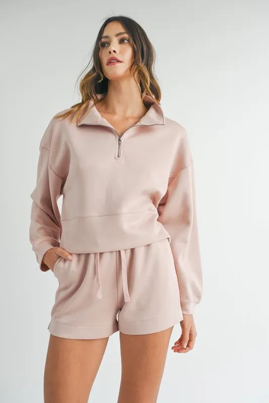 Pink Mable Half Zip Sweatshirt And Shorts Set