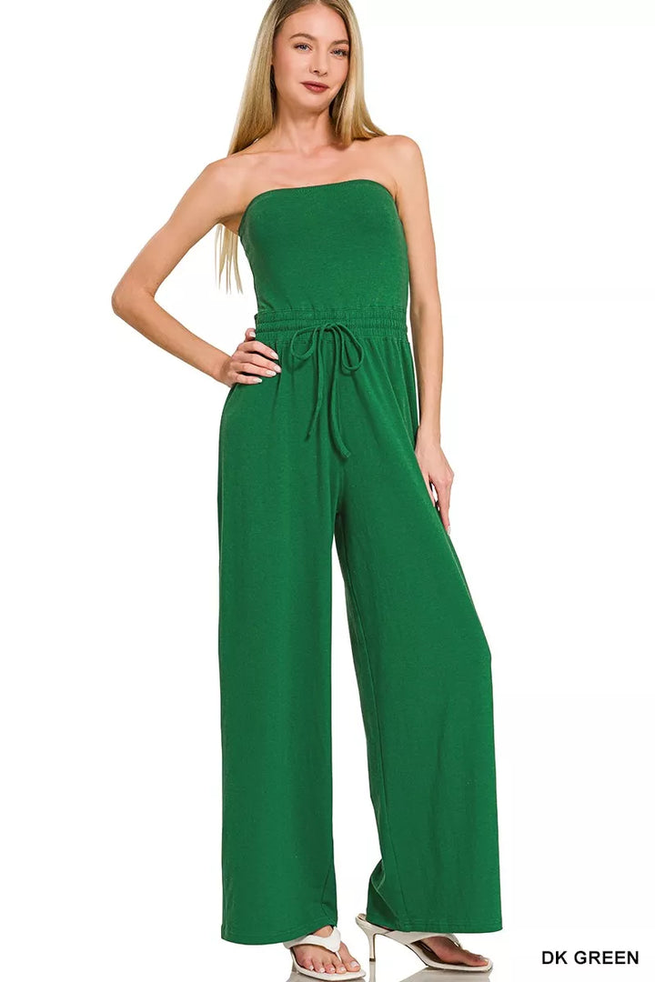 Dk Green Zenana Tube Top Jumpsuit With Drawstring Waist 3
