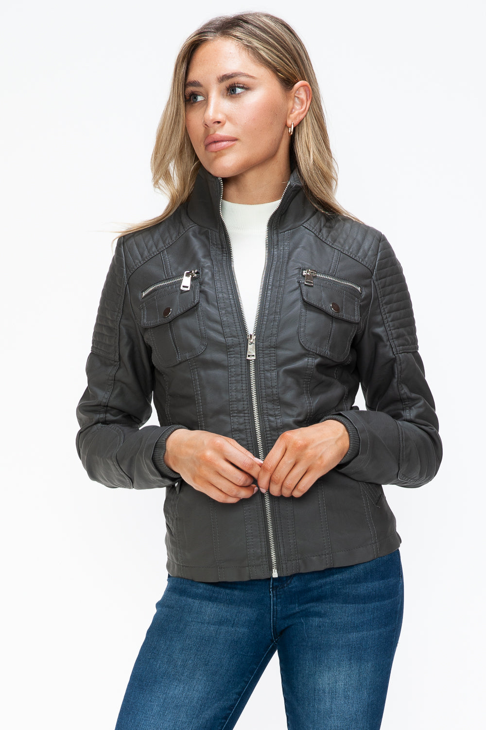 Ymi Removable Faux Layered Multi Pocket Jacket With Fuzzy Hood 1