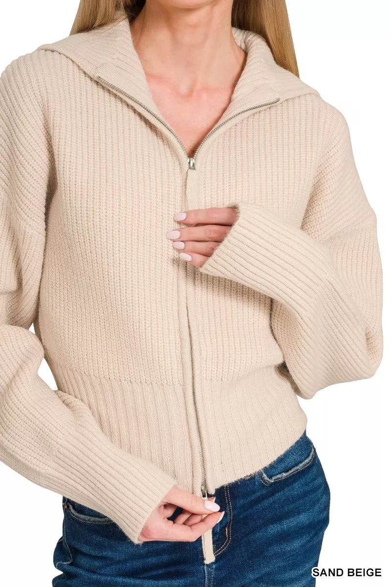Zenana Ribbed Collared Zip Up Sweater Cardigan 4