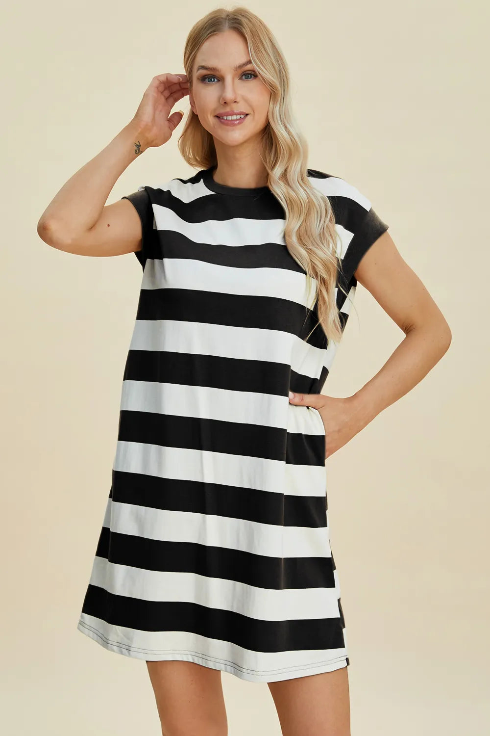 Black Basic Bae Full Size Striped Round Neck Cap Sleeve Mini Dress