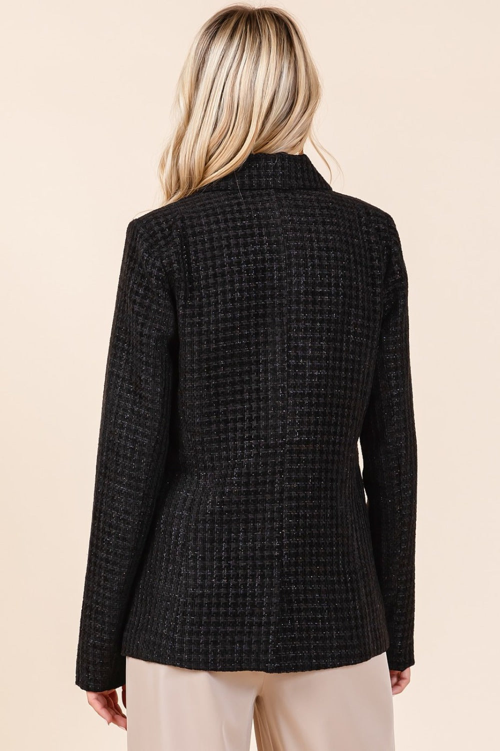 Black Mittoshop Plaid Texture Double Breasted Long Sleeve Blazer