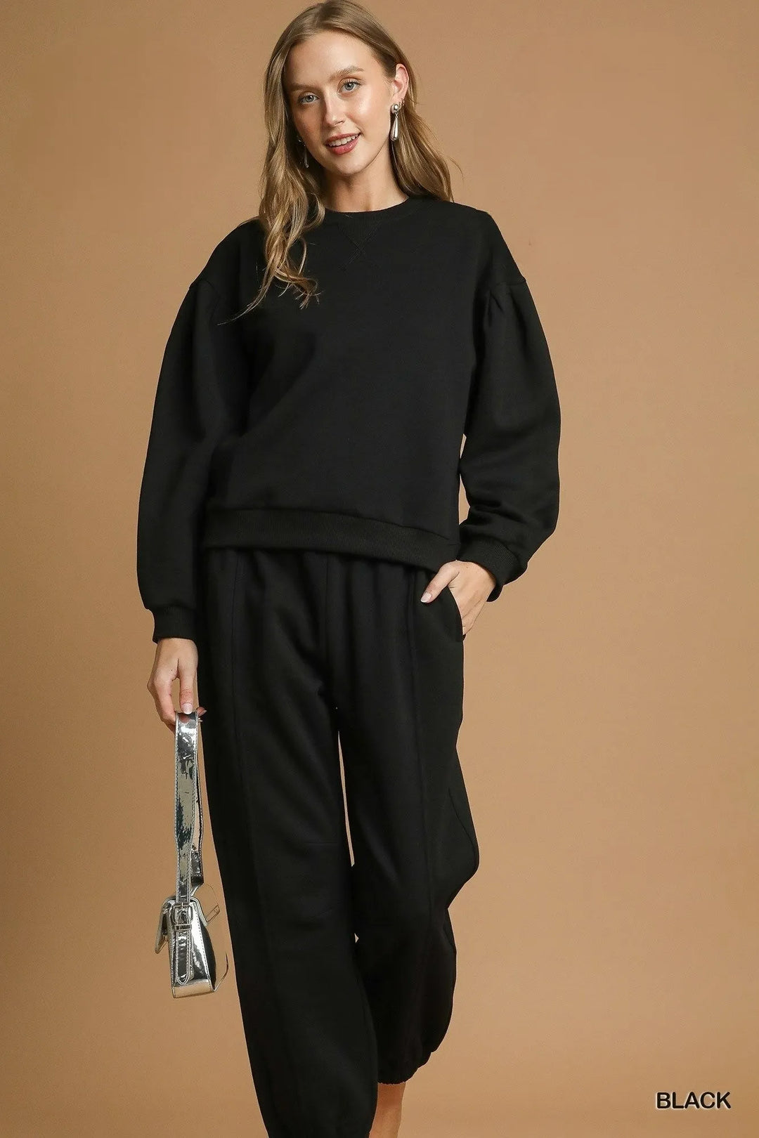 Black Umgee Round Neck Sweatshirt With Pleated Detail