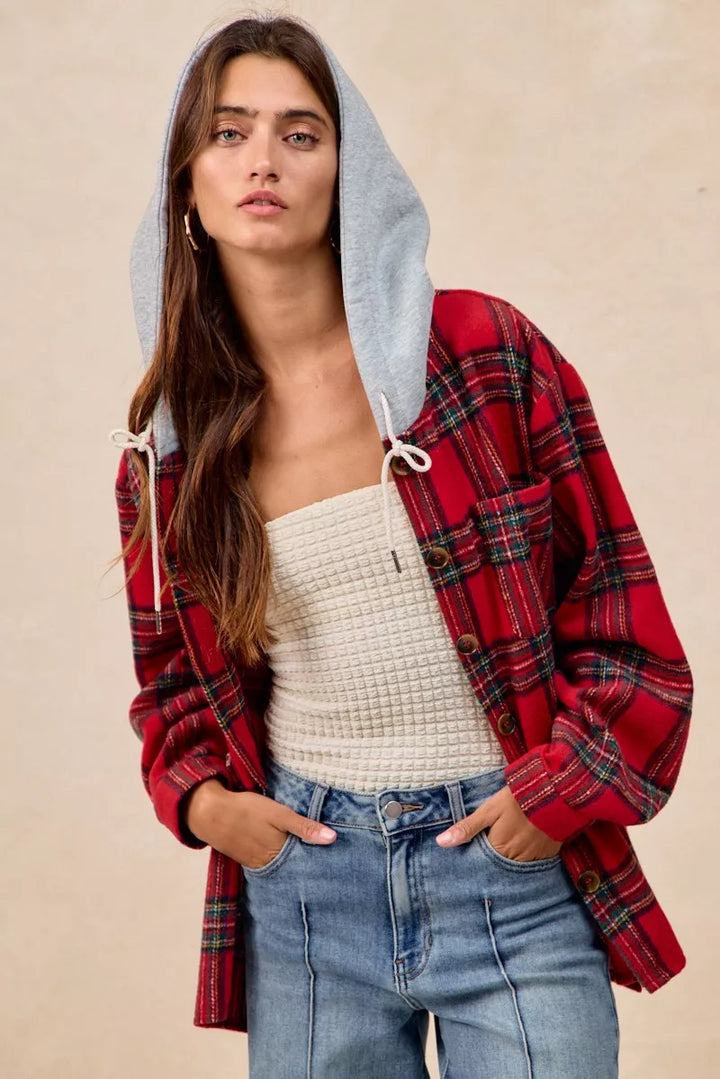 Red Plaid Bibi Brushed Plaid Hooded Jacket