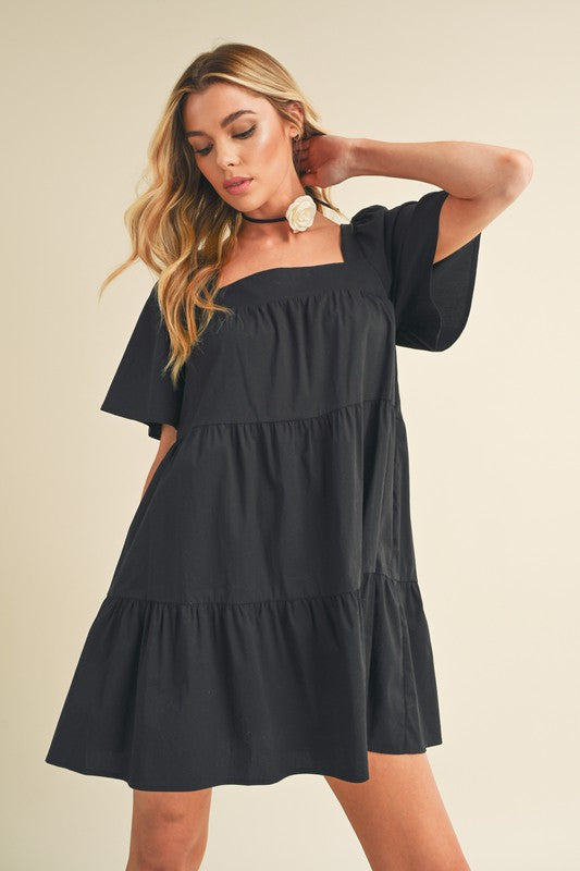 Black Aemi Co Square Neck Half Sleeve Tiered Dress