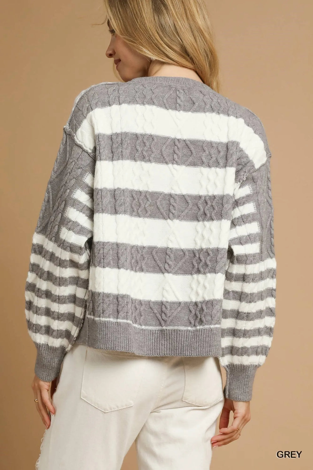 Grey Umgee Cable Knit Stripe Button Up Cardigan