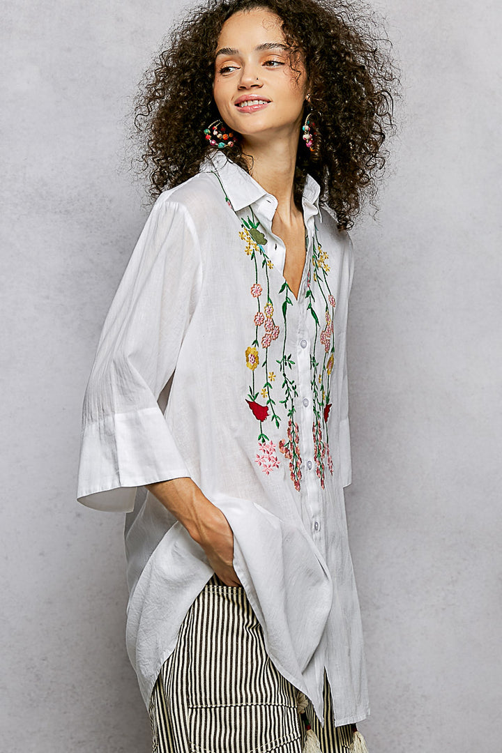 Ivory Pol Floral Embroidered Half Sleeve Cotton Shirt 1
