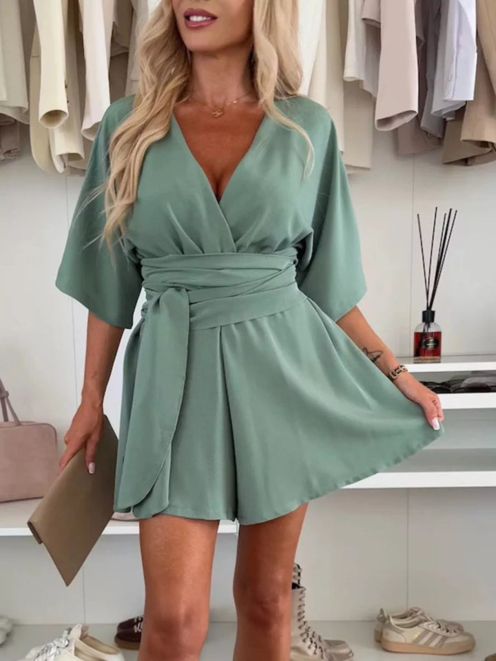 Green Full Size Surplice Tie Waist Romper Plus Size