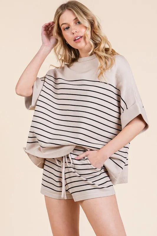 Taupe Combo Lime N Chili Striped Folded Half Sleeve Top And Shorts Set
