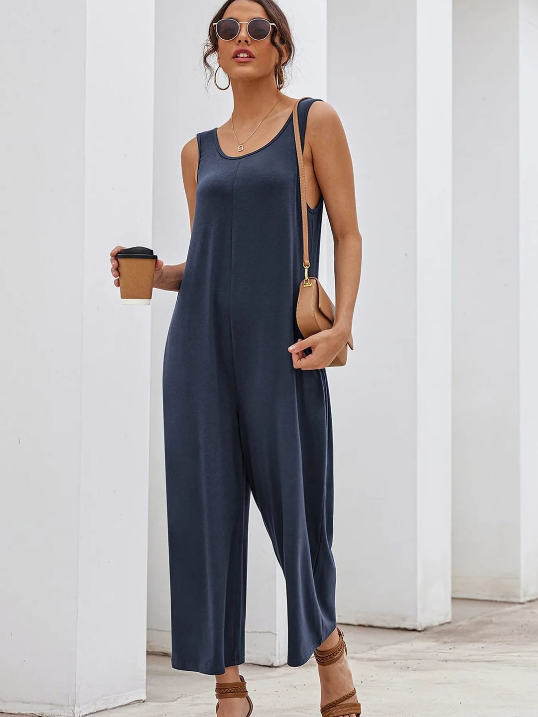 Navy Sleeveless Wide Leg Casual Jumpsuit