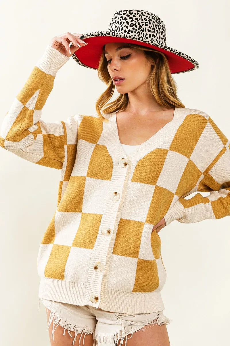 Ivory/Camel Bibi Checked V Neck Cardigan