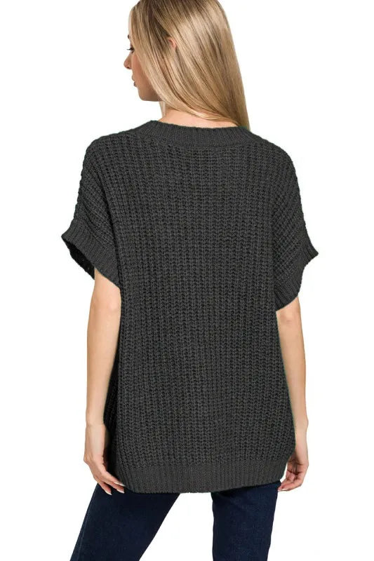 Black Zenana Short Sleeve Round Neck Sweater