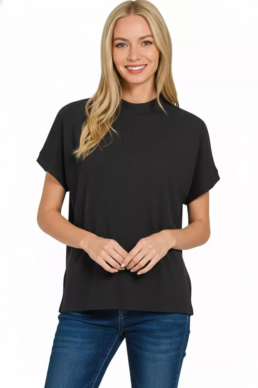 Black Zenana Viscose Mock Neck Short Sleeve Boxy Sweater