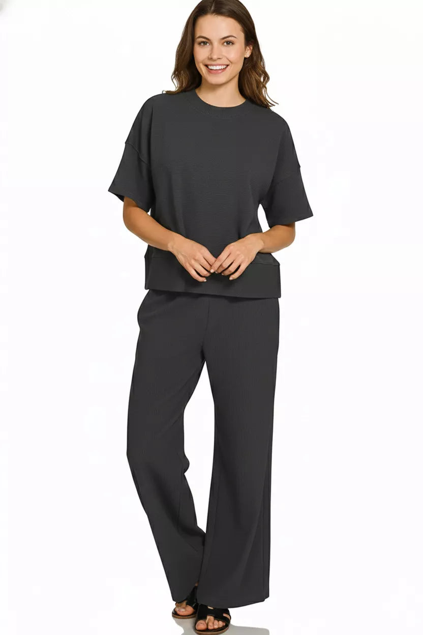 Black Zenana Ribbed Round Neck Tee Pants Set 1