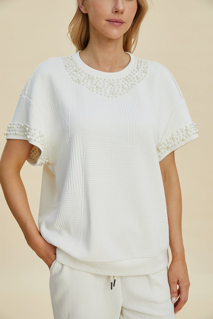 Cream Double Take Full Size Pearl Detail Round Neck Top And Pants Set