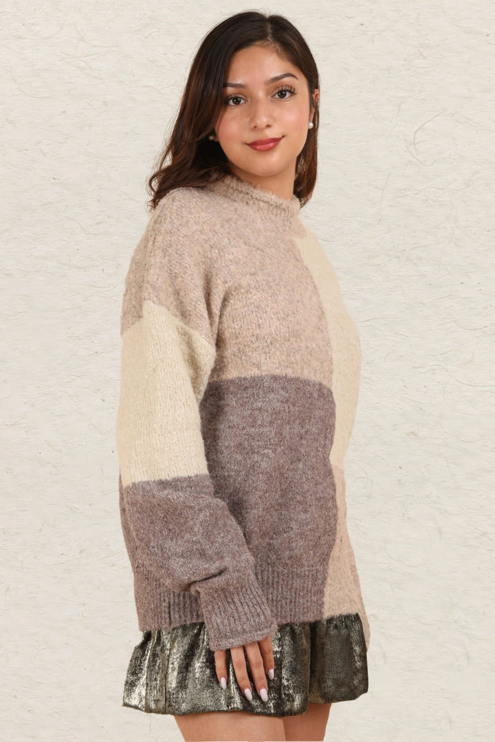 Cream Very J Color Block Mock Neck Drop Shoulder Sweater 1