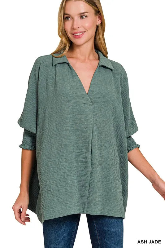 Ash Jade Zenana Airflow Collar Tee With Smocked Sleeve Band Top