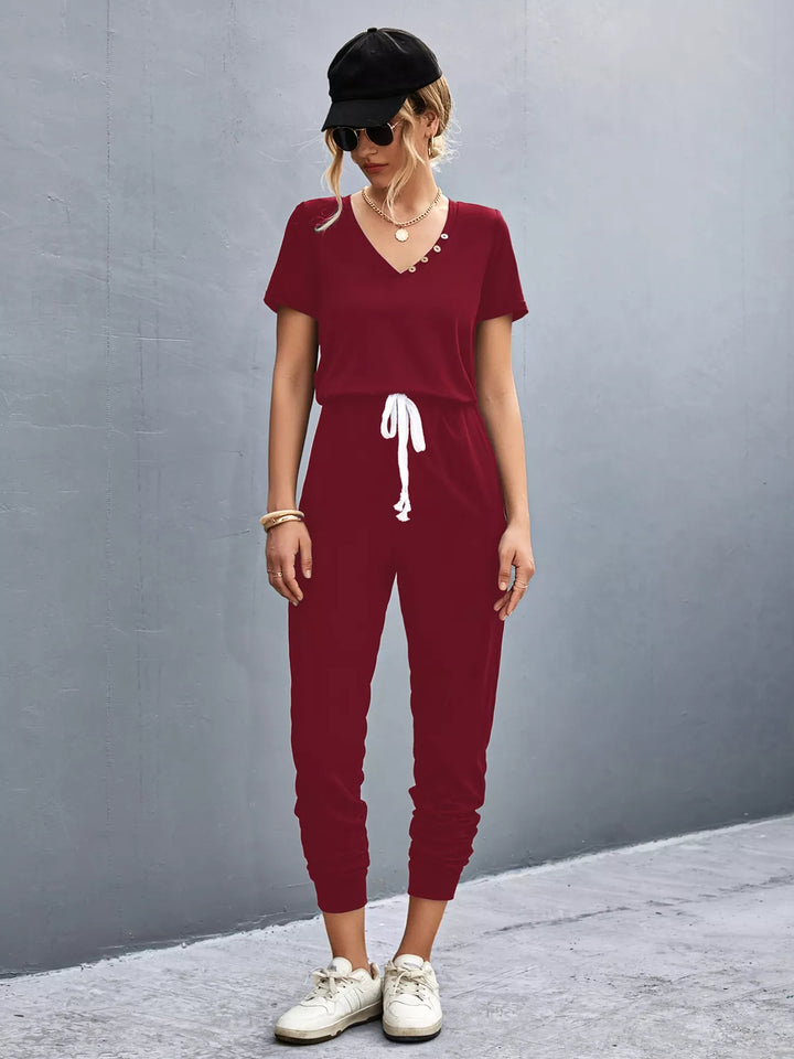 Casual V Neck Short Sleeve Drawstring Waist Jumpsuit