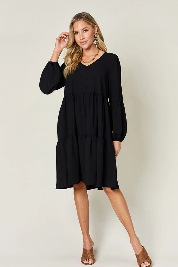 Black Double Take Full Size V Neck Balloon Sleeve Tiered Dress With Pockets