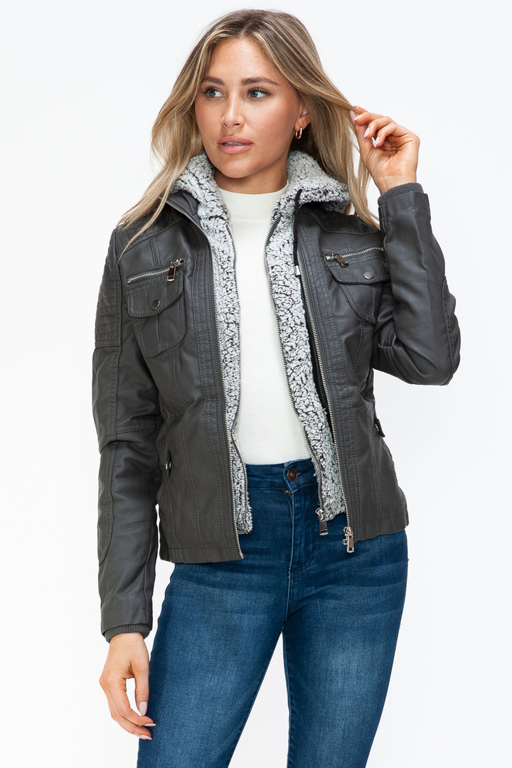 Ymi Removable Faux Layered Multi Pocket Jacket With Fuzzy Hood 1