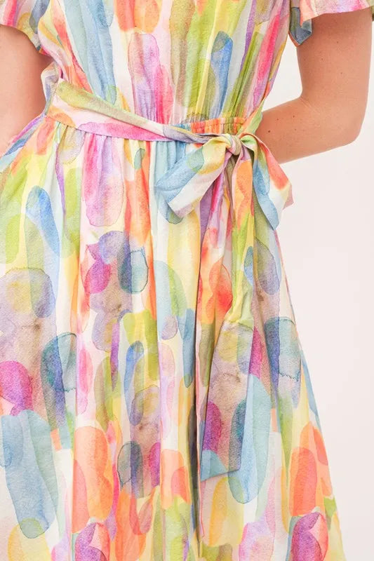 Lime N Chili Watercolor Print Tie Front Midi Dress