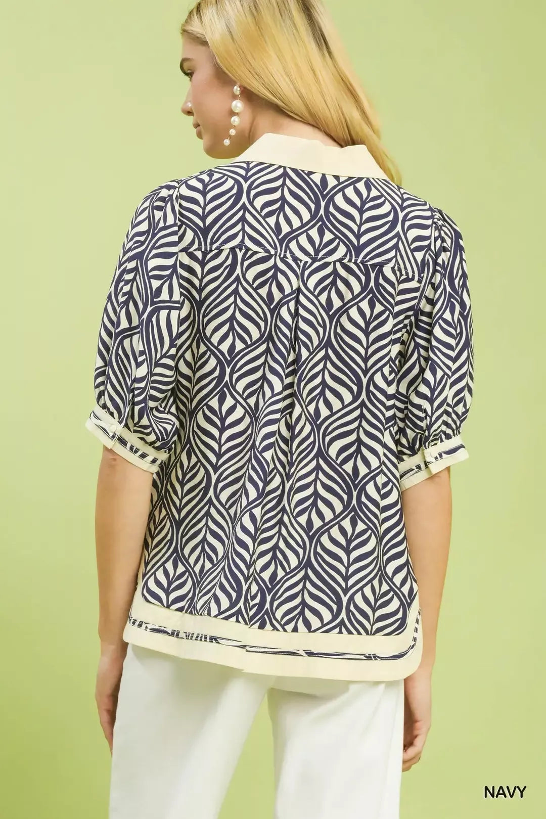 Navy Umgee Geometric Leaf Print Popover Top