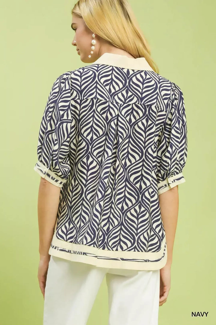 Navy Umgee Geometric Leaf Print Popover Top