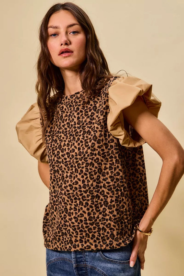So Me Leopard Pointelle Knit Top With Puff Sleeves