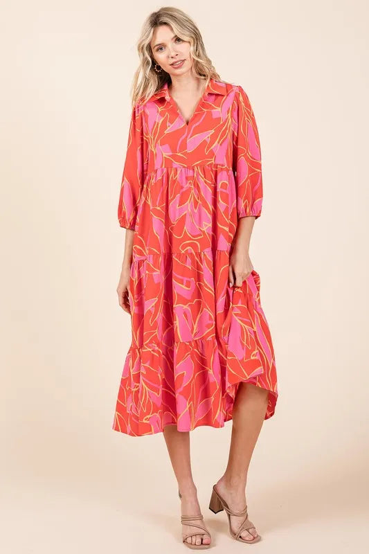 Coral Mittoshop Tiered Printed Collared Neck Midi Dress