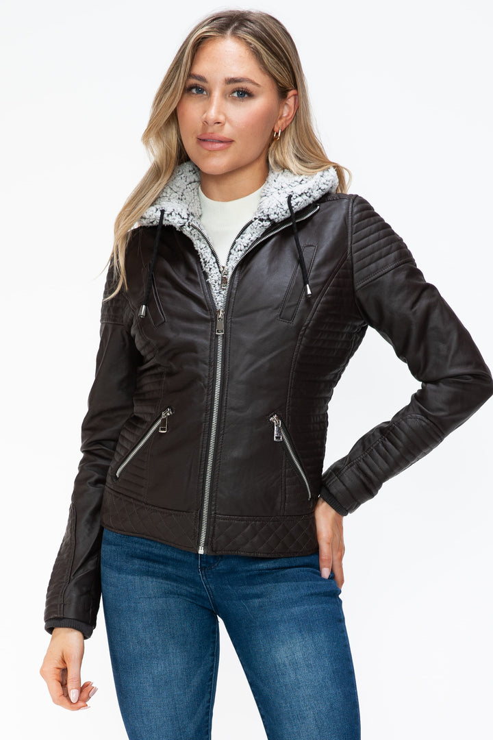 Chocolate Ymi Faux Layered Double Zipper Jacket With Fuzzy Hood