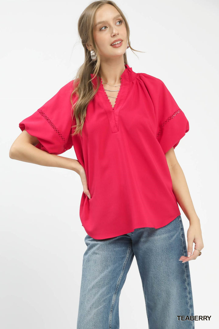 Teaberry Umgee Lace Trim Peasant Top
