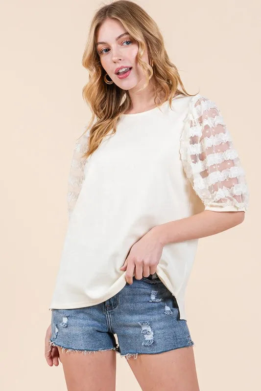 Cream Lime N Chili Full Size Lace Puff Sleeve Round Neck Top Plus Size