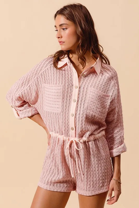 Dusty Pink So Me Textured Knit Button Front Romper