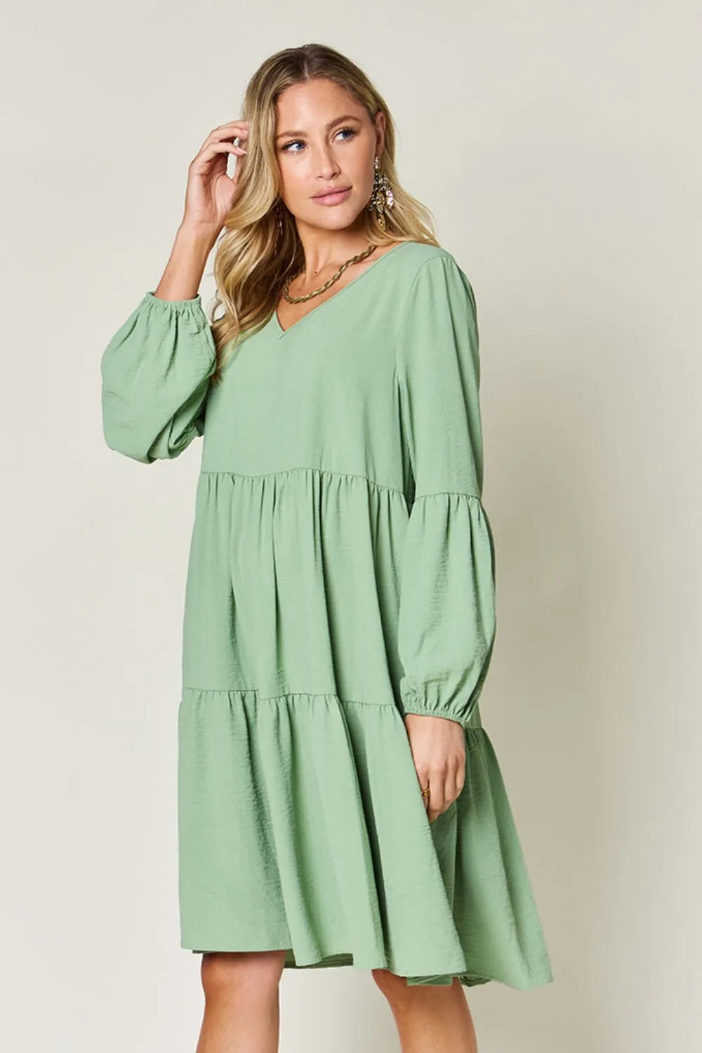 Light Green Double Take Full Size V Neck Balloon Sleeve Tiered Dress With Pockets