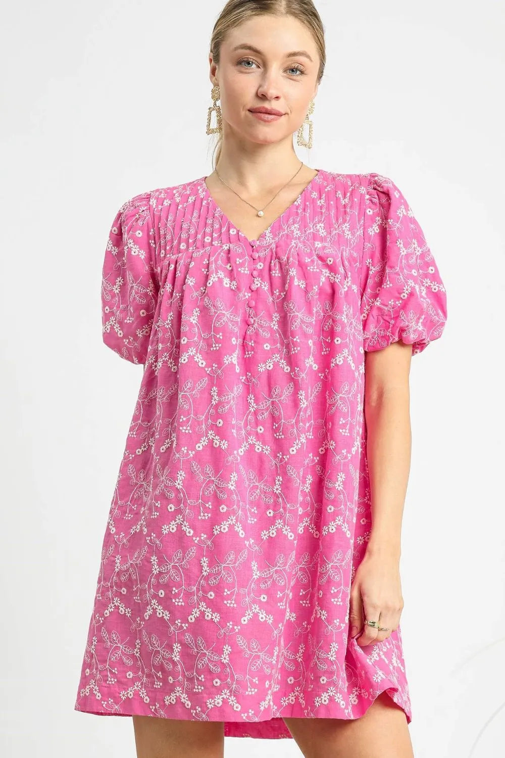 Hot Pink Umgee Floral Puff Sleeve V Neck Mini Dress