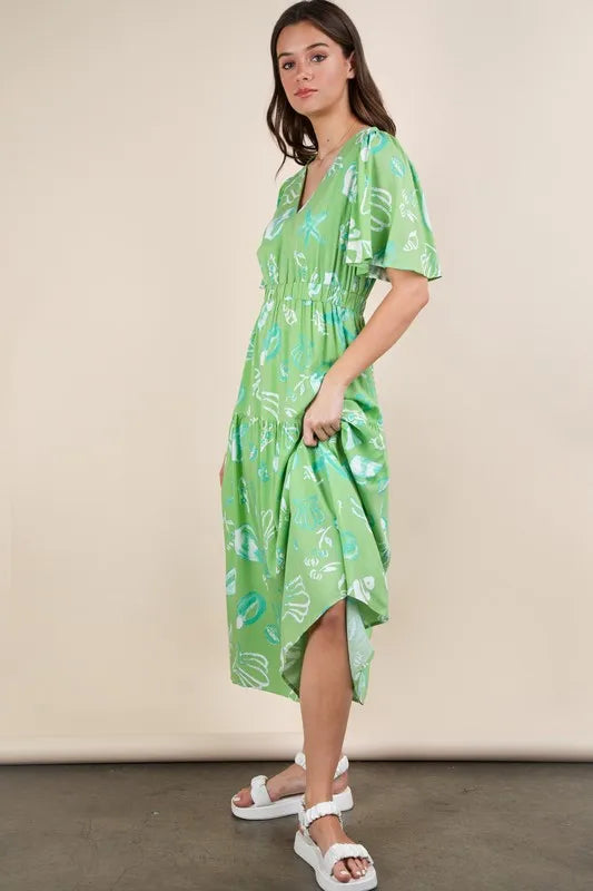 Very J Printed V Neck Resort Midi Dress