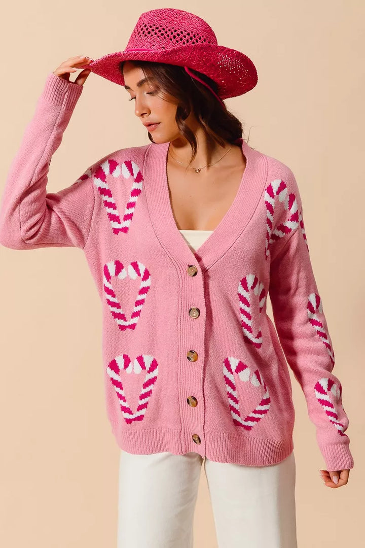 So Me Christmas Candy Cane Button Front Sweater Cardigan